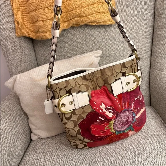 Coach Tan and Red Floral Shoulder Bag - Picture 4 of 8